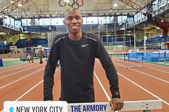 Staff Sgt. Hillary Bor, a Soldier-athlete in the U.S. Army World Class Athlete Program, at the 2019 Millrose games in New York. Bor is training for the 3000m steeple chase in the 2021 Summer Olympic Games. The Games, originally scheduled for July of 2020, have been pushed back a year due to the COVID-19 pandemic. Bor continues his training for the track and field trials despite restrictions from the virus.