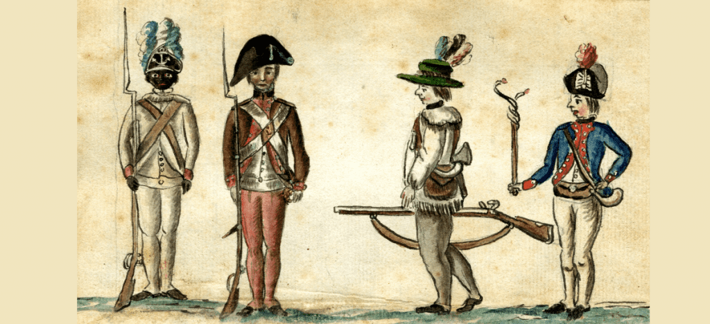 Drawing of Revolutionary War Era Soldiers in different uniforms