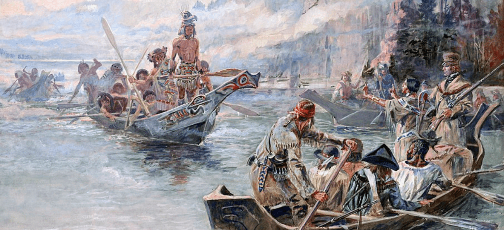 Painting of Lewis and Clark expedition in canoes on a river