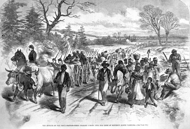 Black and white drawing of a like of Soldiers on the left and a group of freedmen on the right. 