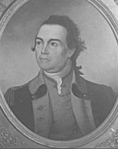 Black and white portrait of soldier in early American military uniform, head and shoulders looking left. 