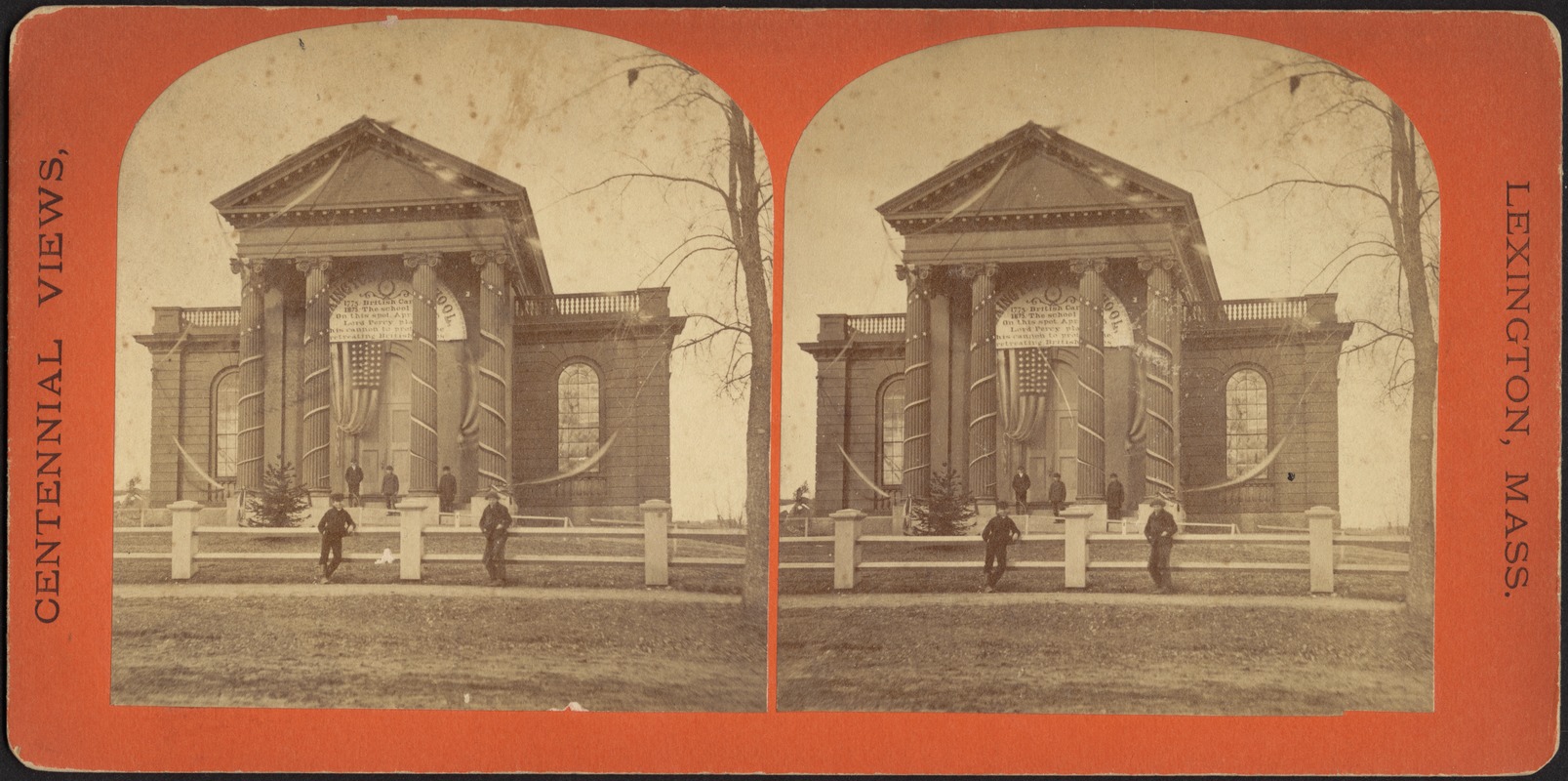 High school, 1875, site of Lord Percy's cannon, to protect retreating British troops, 1775 (Boston Public Library)