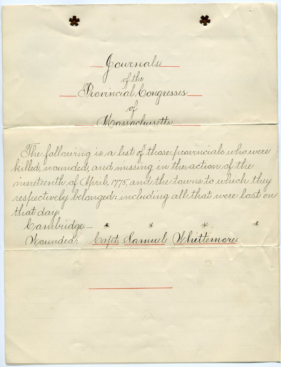 Statement from Massachusetts Provincial Congress Noting the Wounding of Samuel Whittemore (Arlington Historical Society)